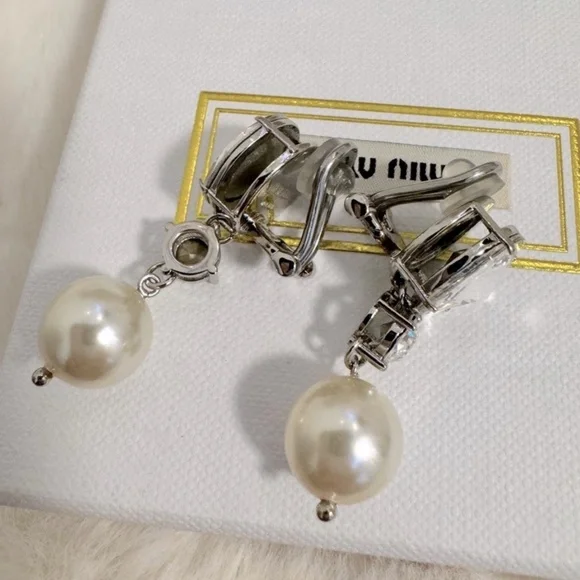 Miu Miu Crystal and Pearl Drop Clip on Earrings - Picture 5 of 7